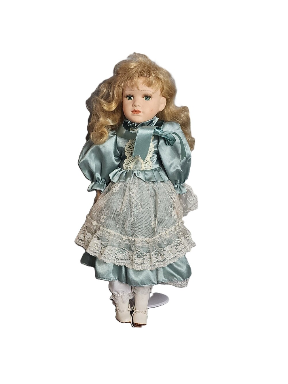 Victorian Style Porcelain Doll Aqua Satin & Lace Dress, Blonde Curls 18" w/Stand